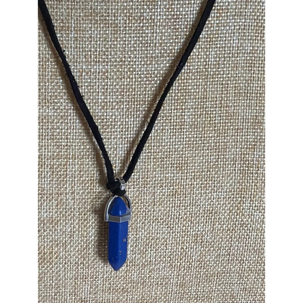 Lapis‎ Lazuli Crystal Point Pendant Necklace Black Suede Cord Boho